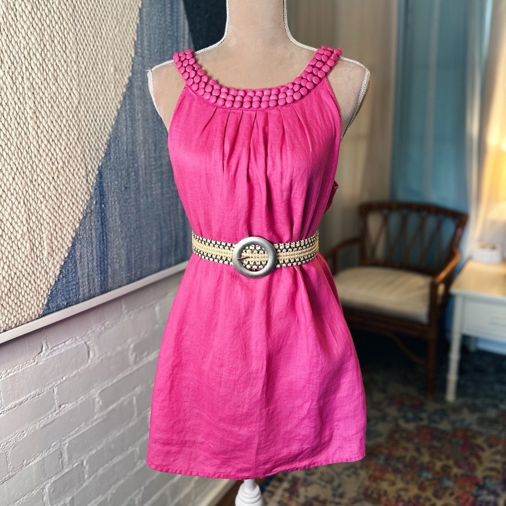 Lily Stanhope 100% Linen Shift Dress with Button Details on Neckline